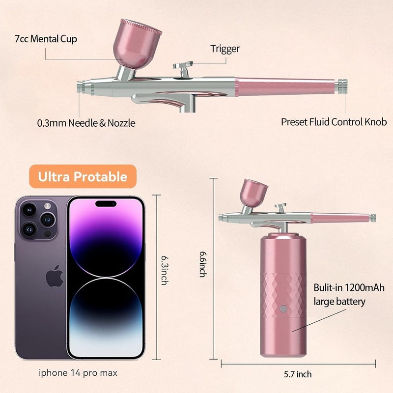 crpen Airbrush Kit Rechargeable Cordless Airbrush Compressor Portable Handheld Airbrush Air Brush for Model Painting,Nail Art,Cake decoration,Makeup, Barber,Tattoo (Pink) - Image 4